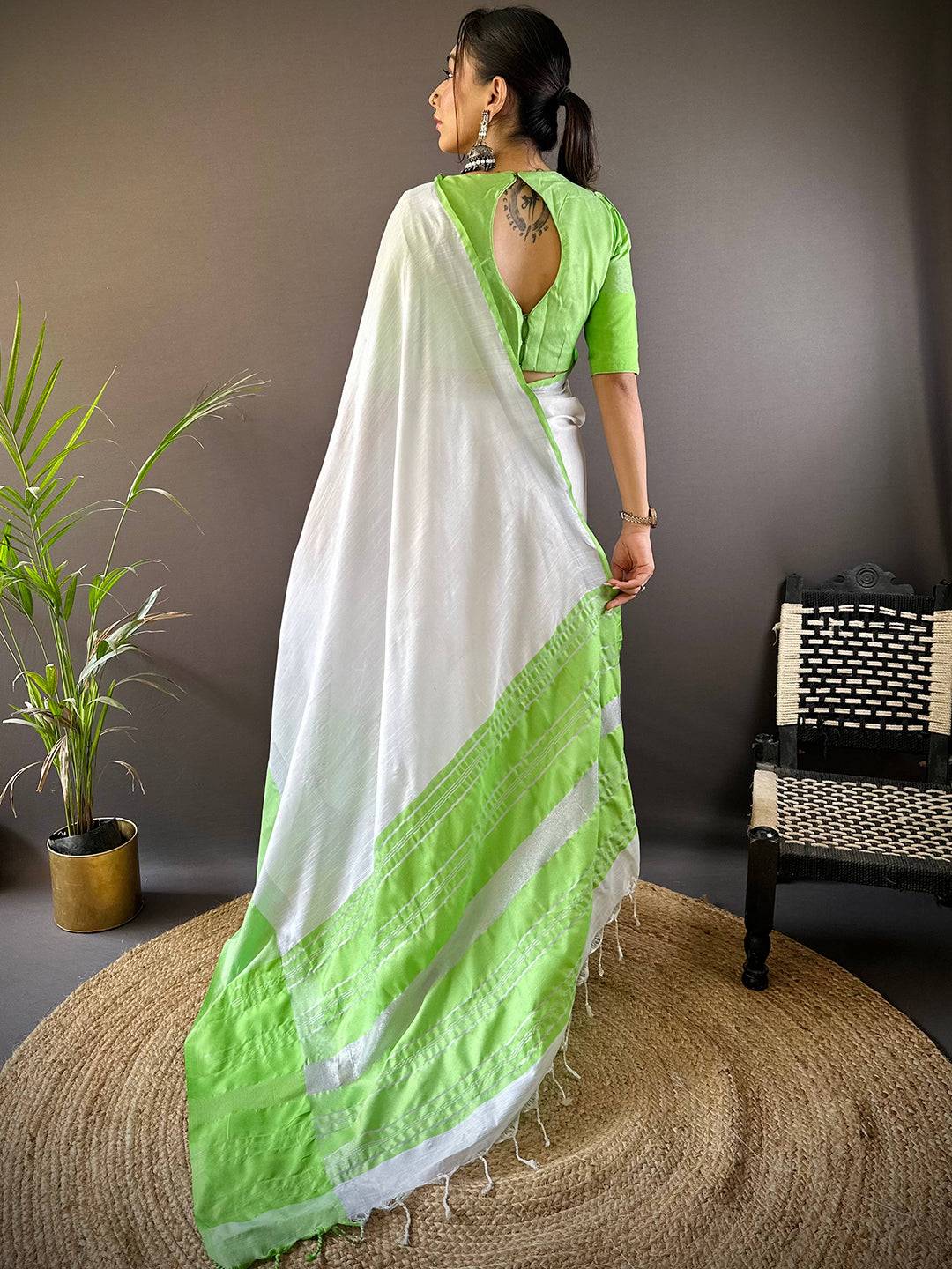 Bhagalpuri Linen Saree With Light Green Small Patti