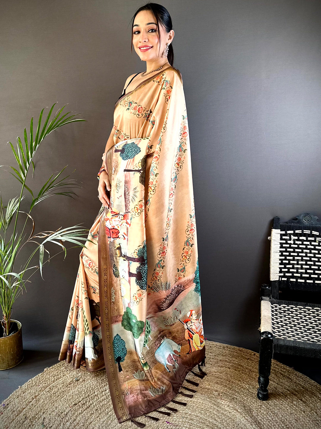 Peach Jungle Printed Silk Saree