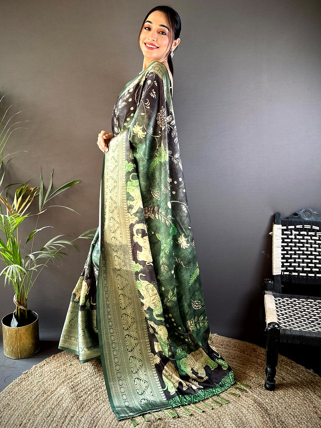 Green Soft Silk Animal Bandhej Saree