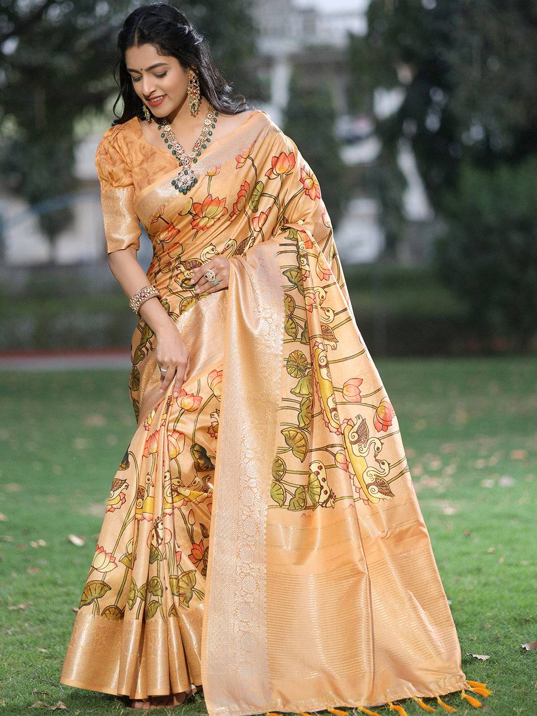 Peach Viscose Dola Silk Saree With Pichwai And Mughal Print