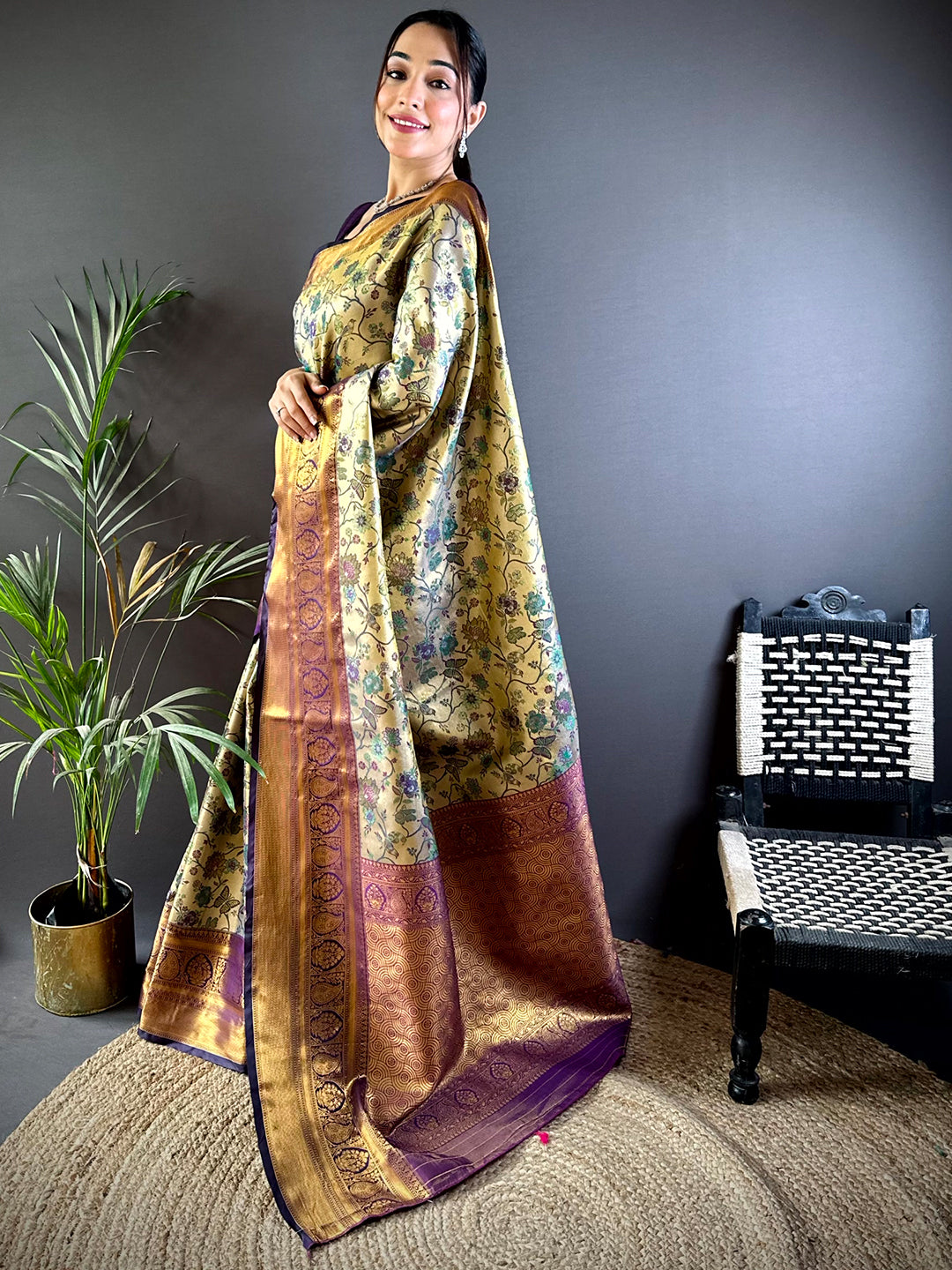 Graceful Brown Butterfly Floral Dharmavaram Saree