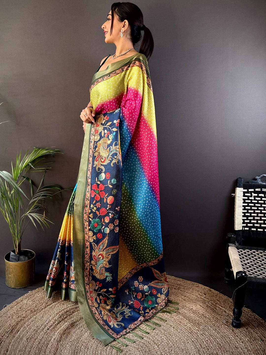 Side profile of Allure Silk Blend Bandhani Print Saree highlighting rich colors, intricate motifs, and luxurious silk blend fabric.