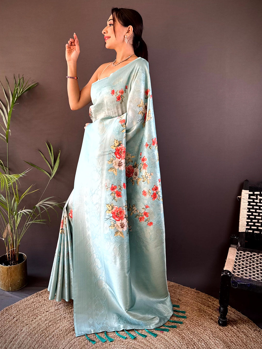 Aqua Kanjivaram Digital Silk Saree