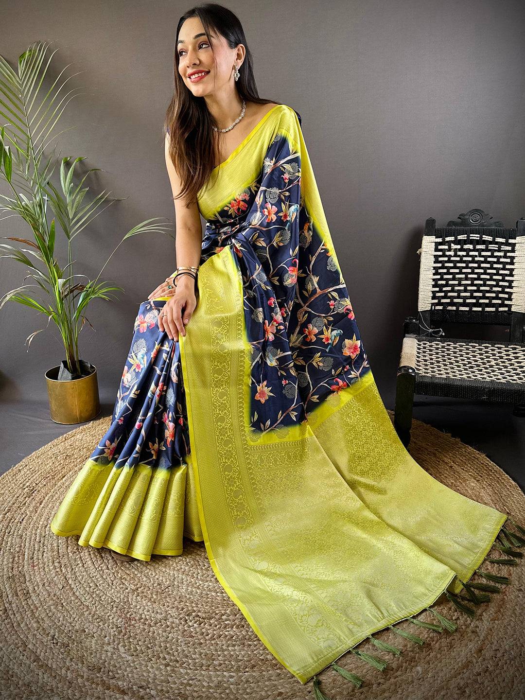 Navy Blue Floral Brids Print Saree