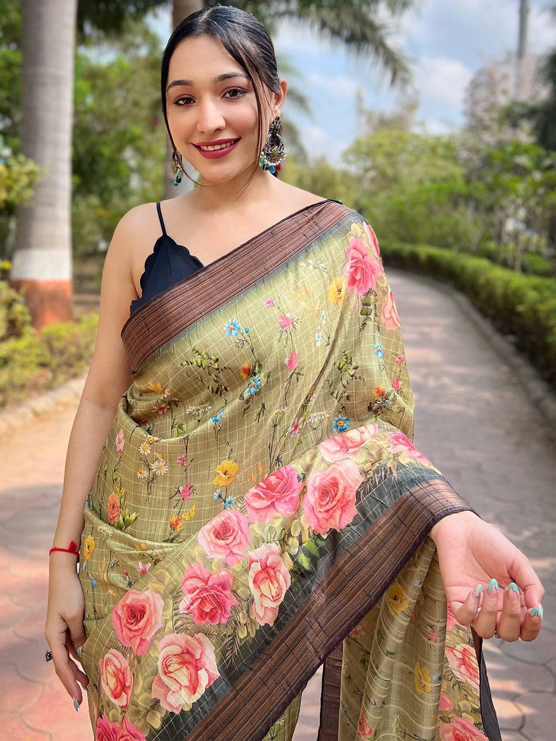 Pista Soft Silk Copper Zari Weaving Digital Floral Saree