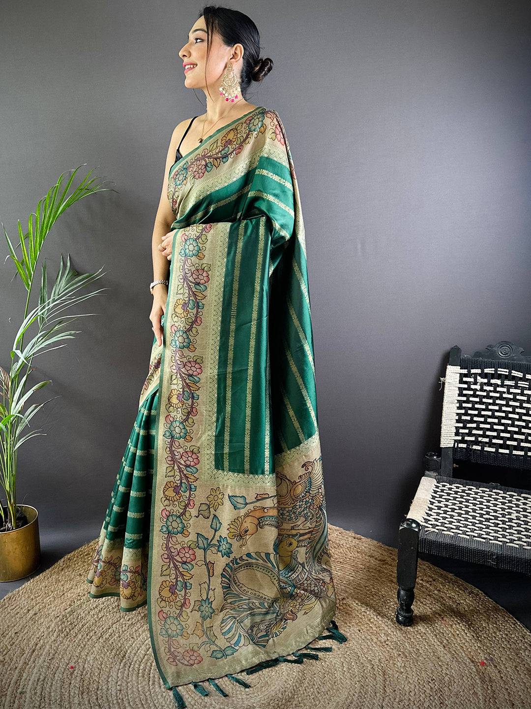 Green Geometric Zari And Kalamkari Silk Saree