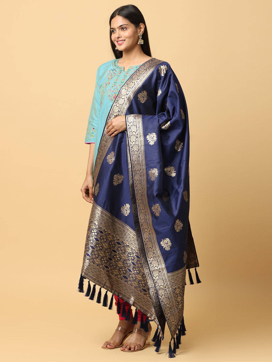 Navy Silk Blend Woven Design Dupatta