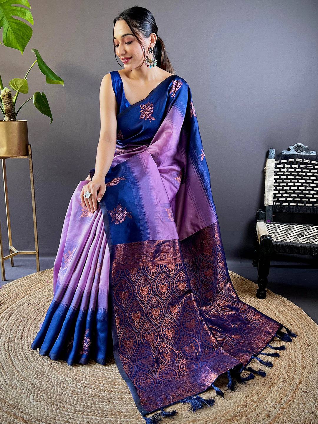 Sitting pose with Violet Sami Banarasi Tussar Silk Saree