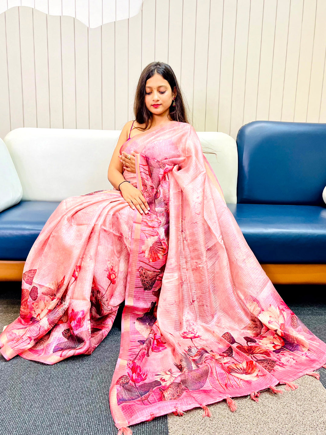 Pink Soft Kota Doriya Silk Saree With Floral Print