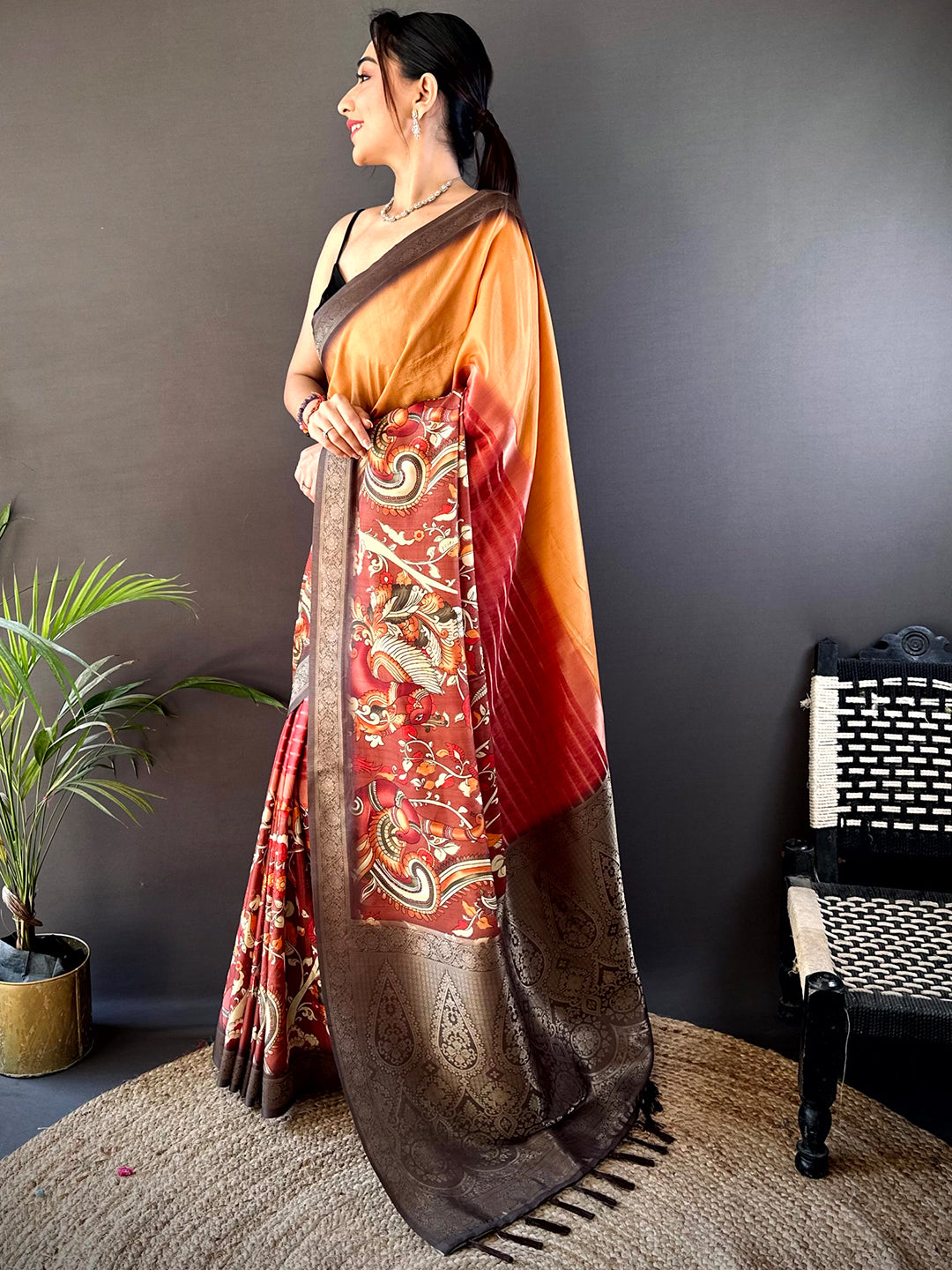 Merigold Kalamkari Ombre Soft Silk Saree