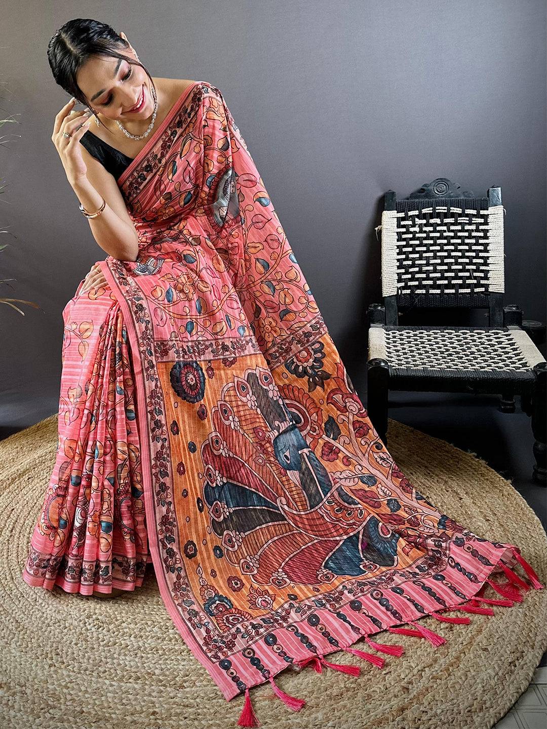 Coral Rose Kalamkari Saree