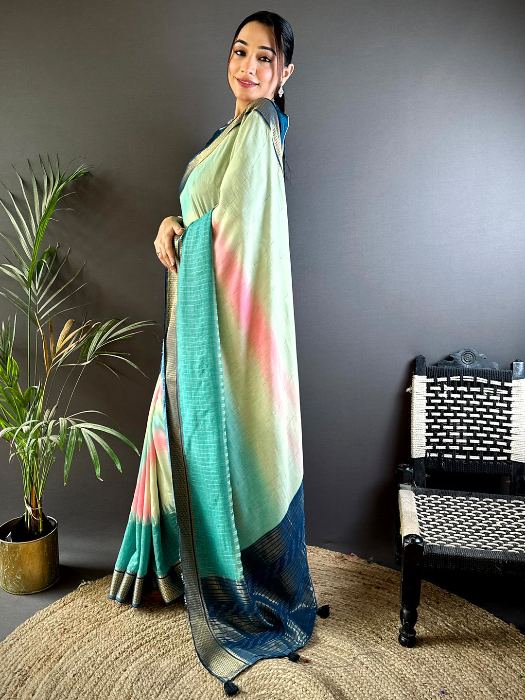 Radiant Cotton Viscose Zari Check Ombre Saree