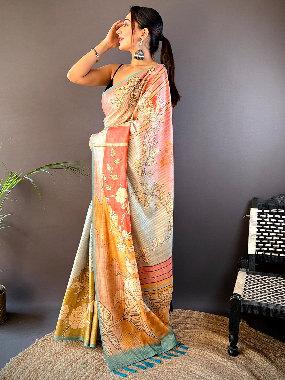 Side pose showcasing Rama Abstract Floral Zari Tussar Saree