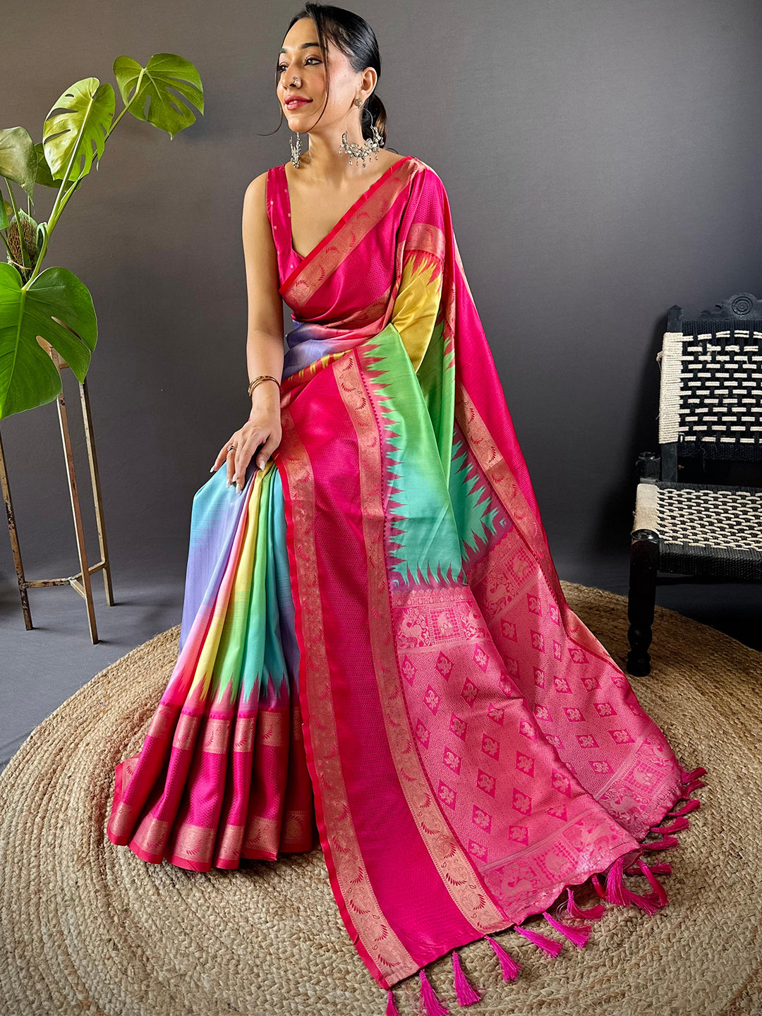 Vibrant Rainbow Ikkat Silk Saree