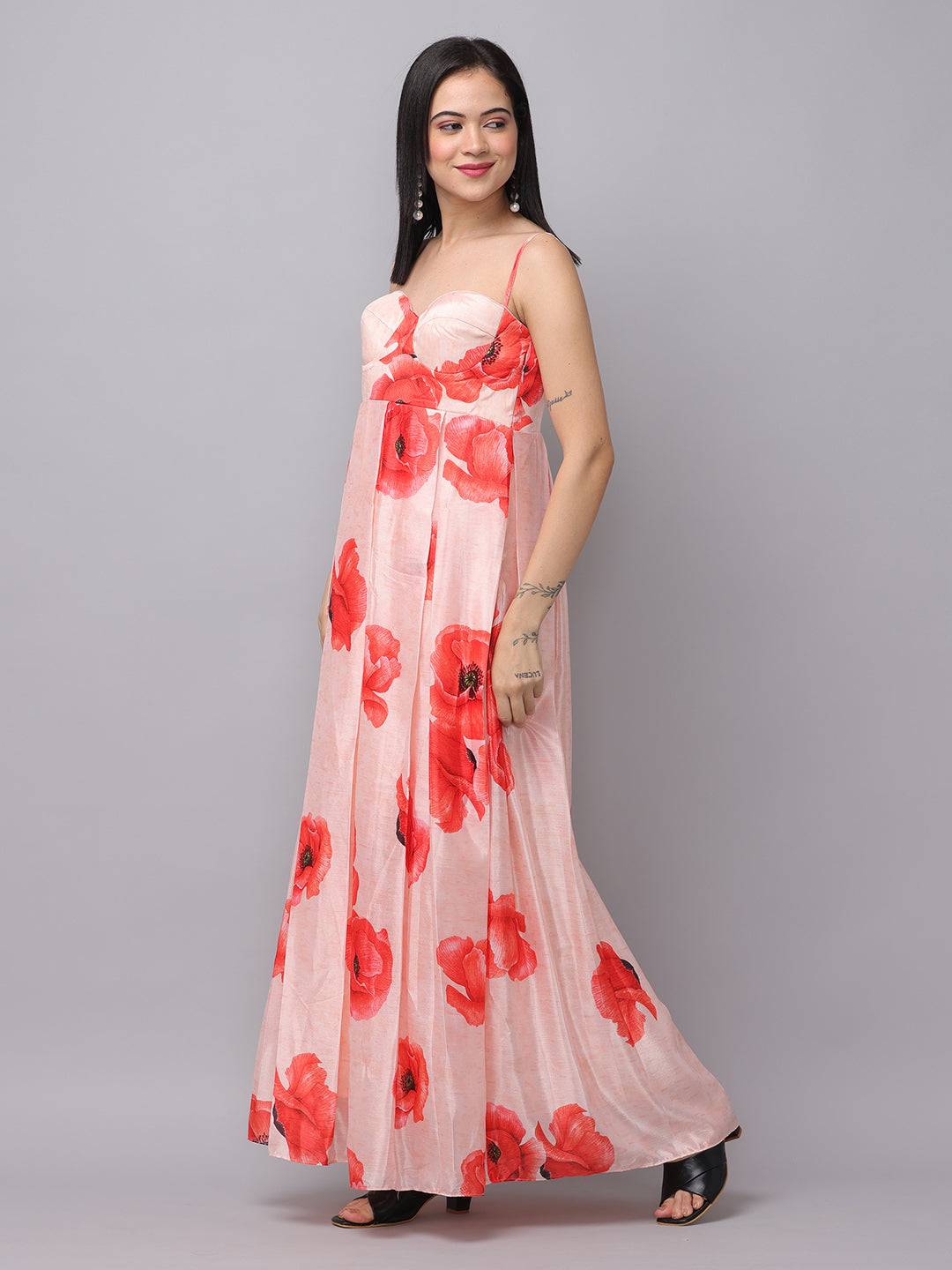 Blush pink dress with red floral print, side view