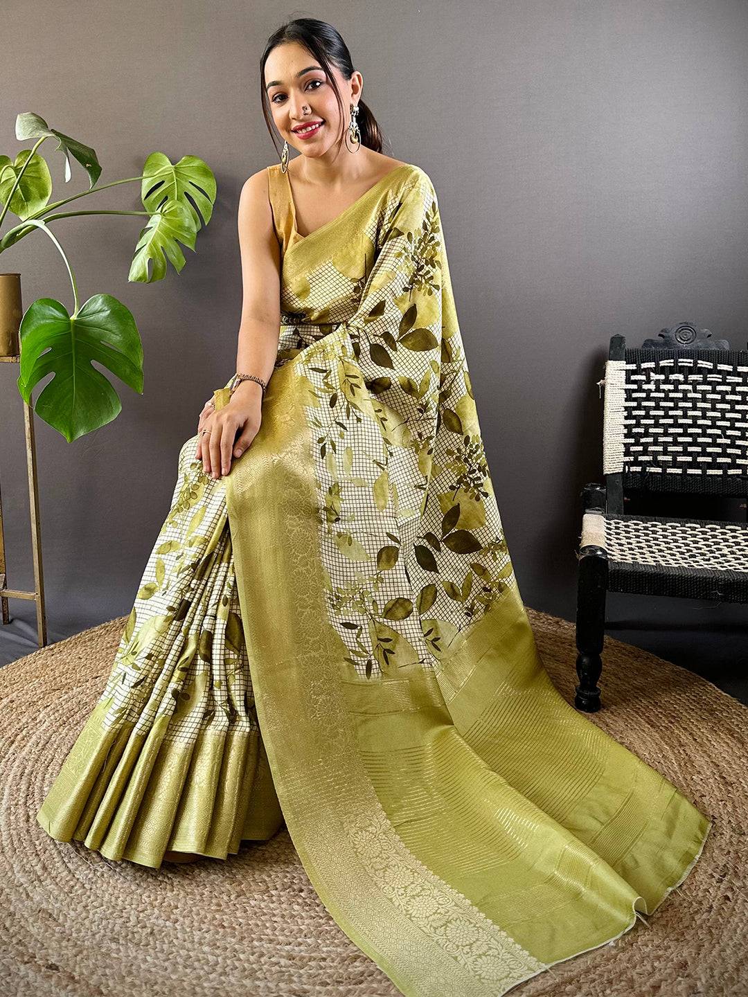 Leaf And Check Olive Viscose Saree