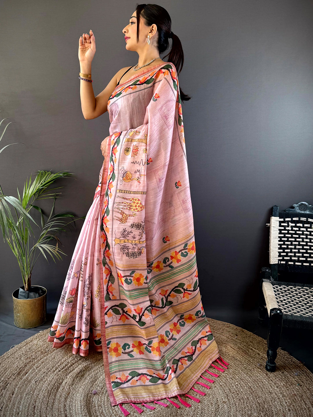 Blush Pink Jungle Floral Zari Tissue Saree