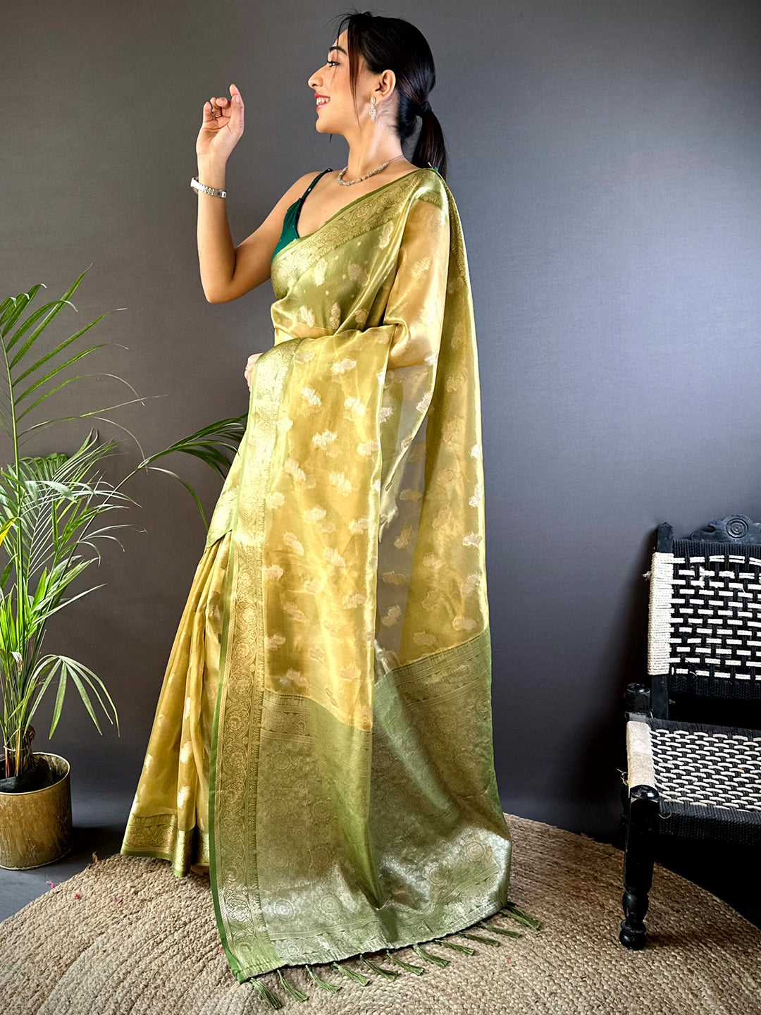 Graceful Olive Kora Tissue Saree