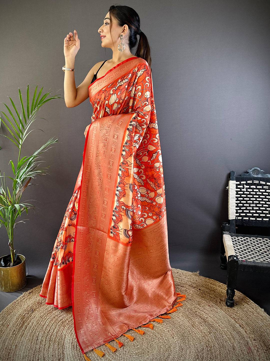 Sunset Coral Soft Silk Kalamkari Saree