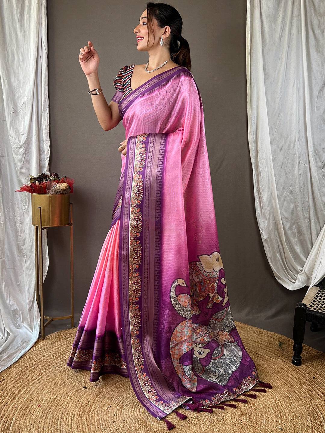 Dahlia Pink Kota Satin Border Saree