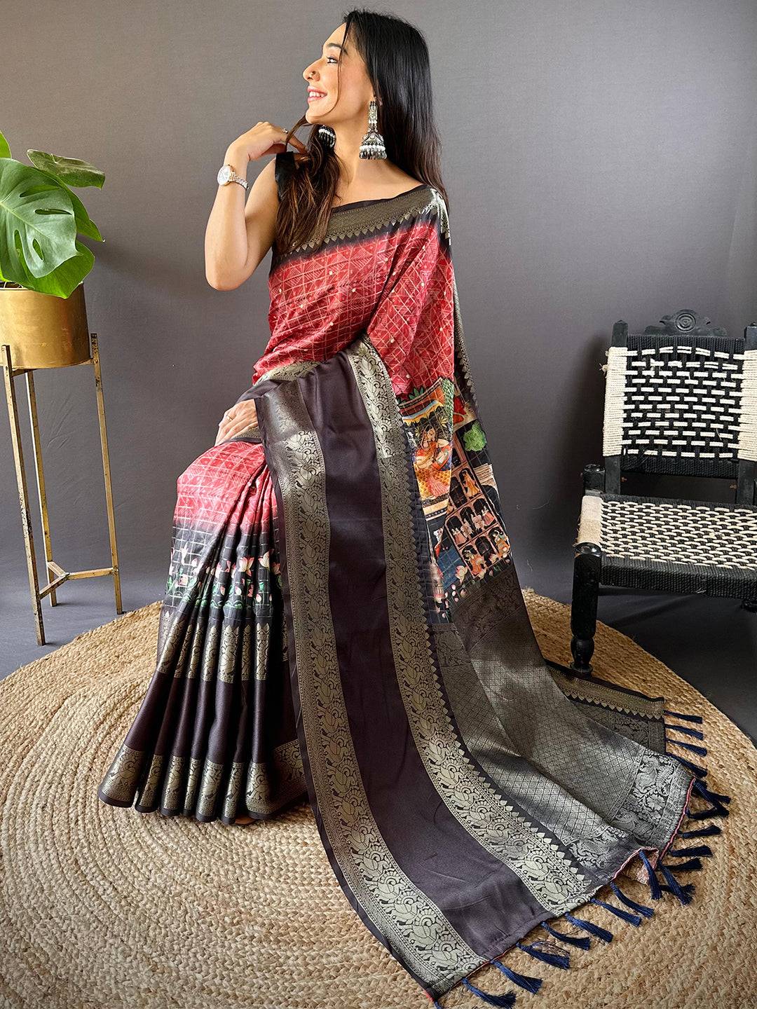 Red Banarasi Pichwai Print Saree