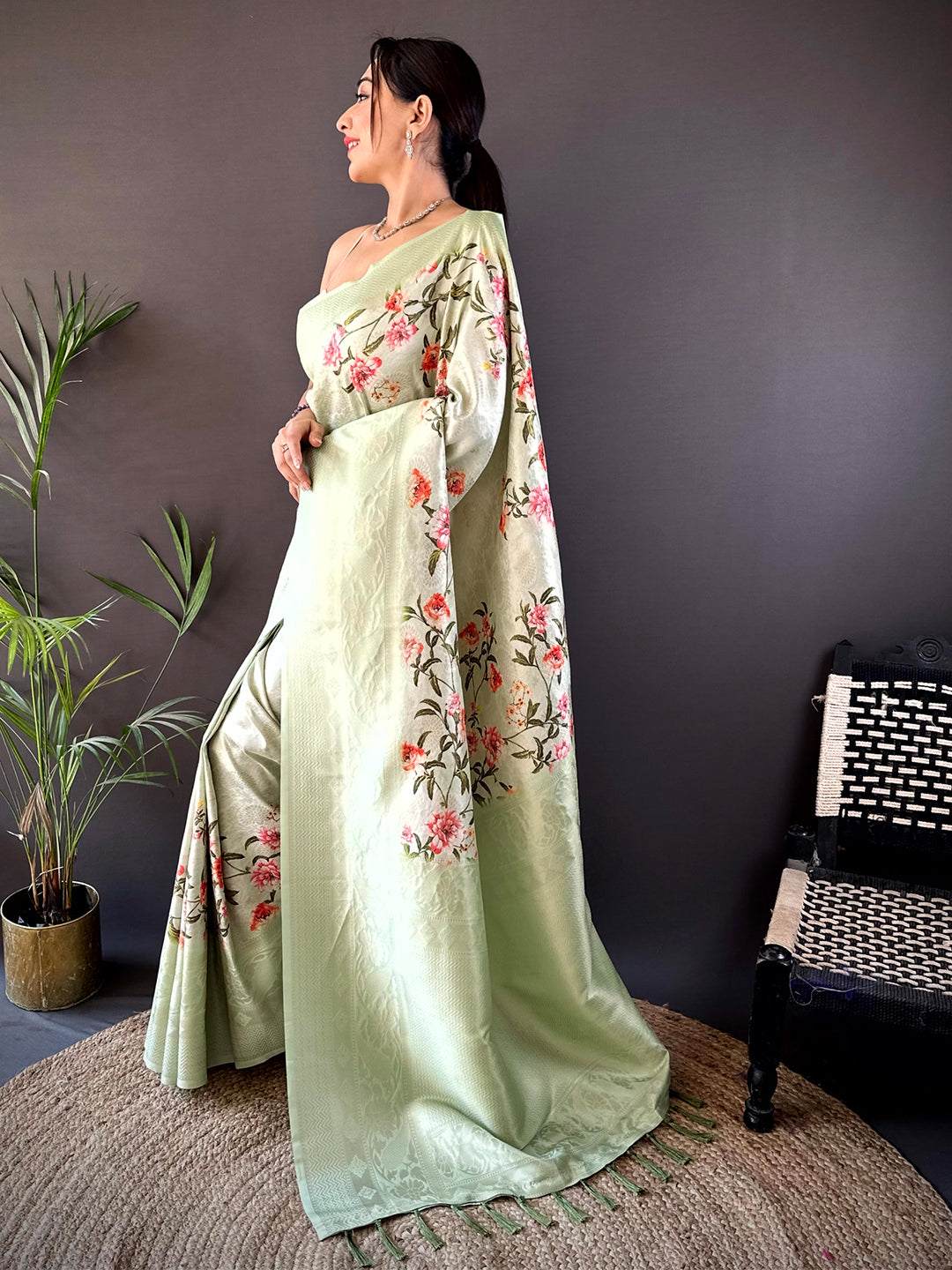 Pastel Green Kanjivaram Digital Silk Saree