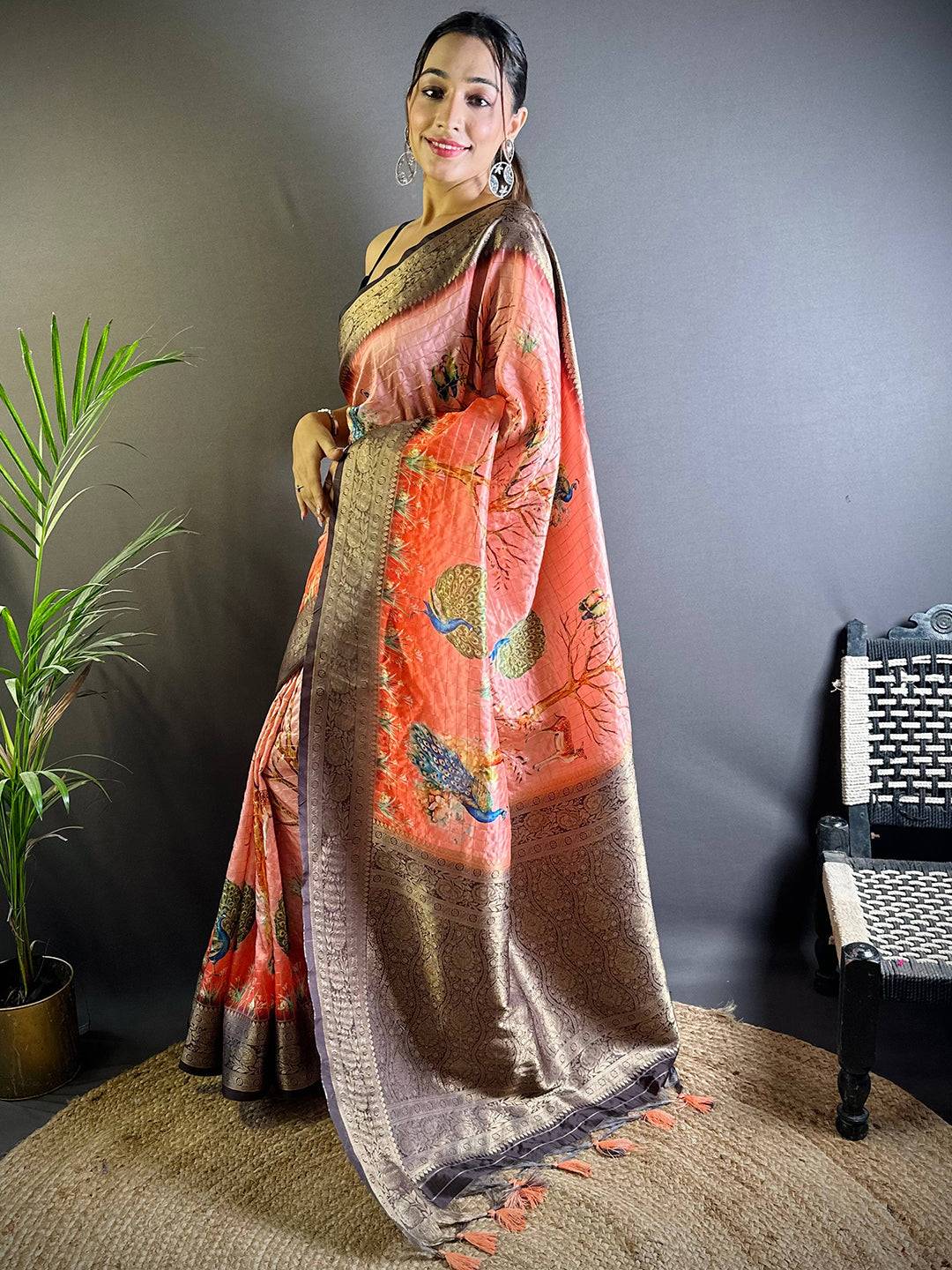 Peach Chex Radiance Banarasi Silk Saree