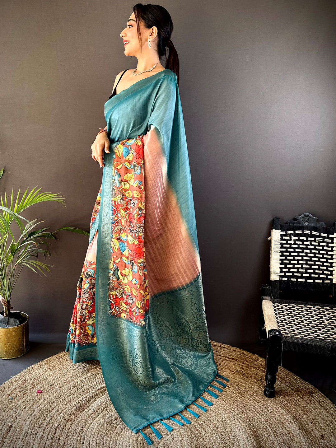 Deep Teal Kalamkari Ombre Soft Silk Saree