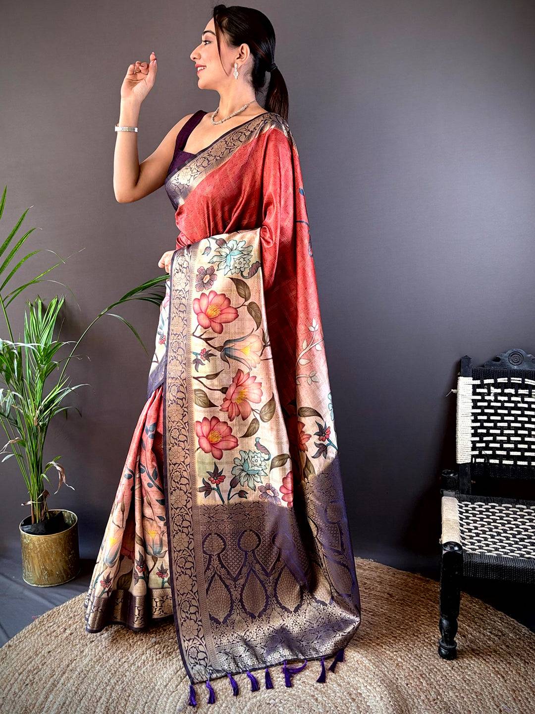 Red Ombre Floral Digital Print Saree