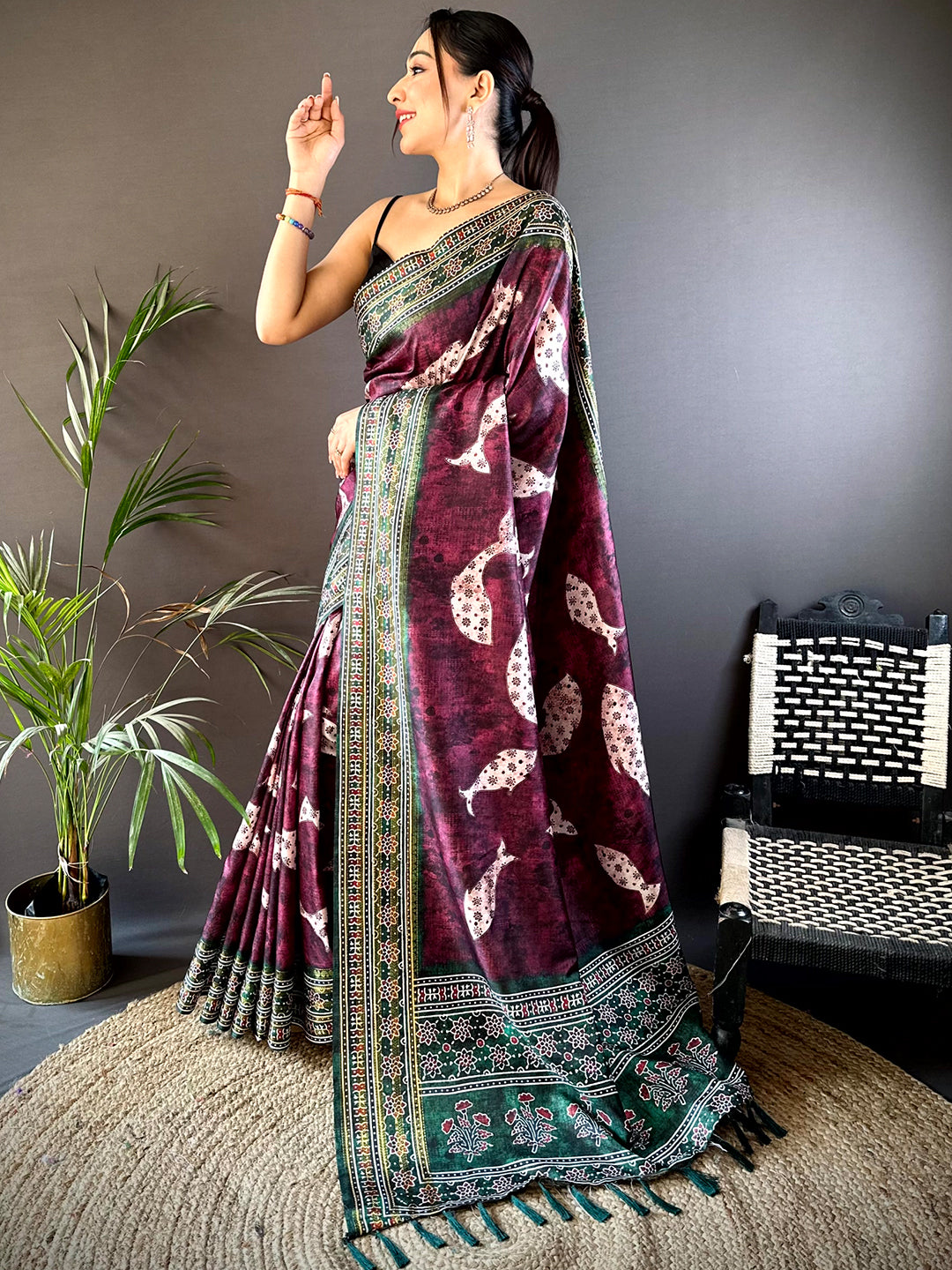 Dark Wine Soft Silk Fish Kalamkari Saree