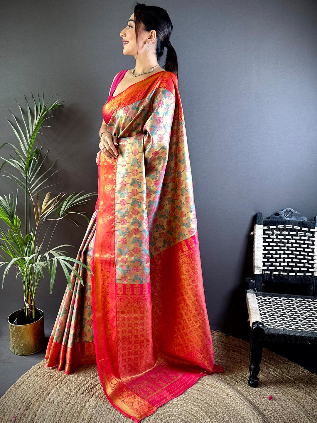 Royal Rani Pink Floral Dharmavaram Silk Saree