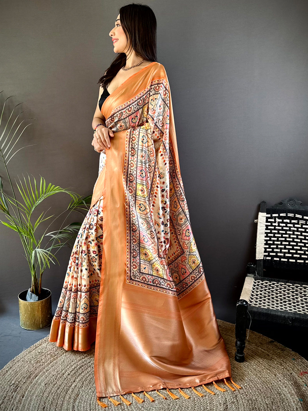 Light Orange Mughal Kalamkari Print Pashmina Saree