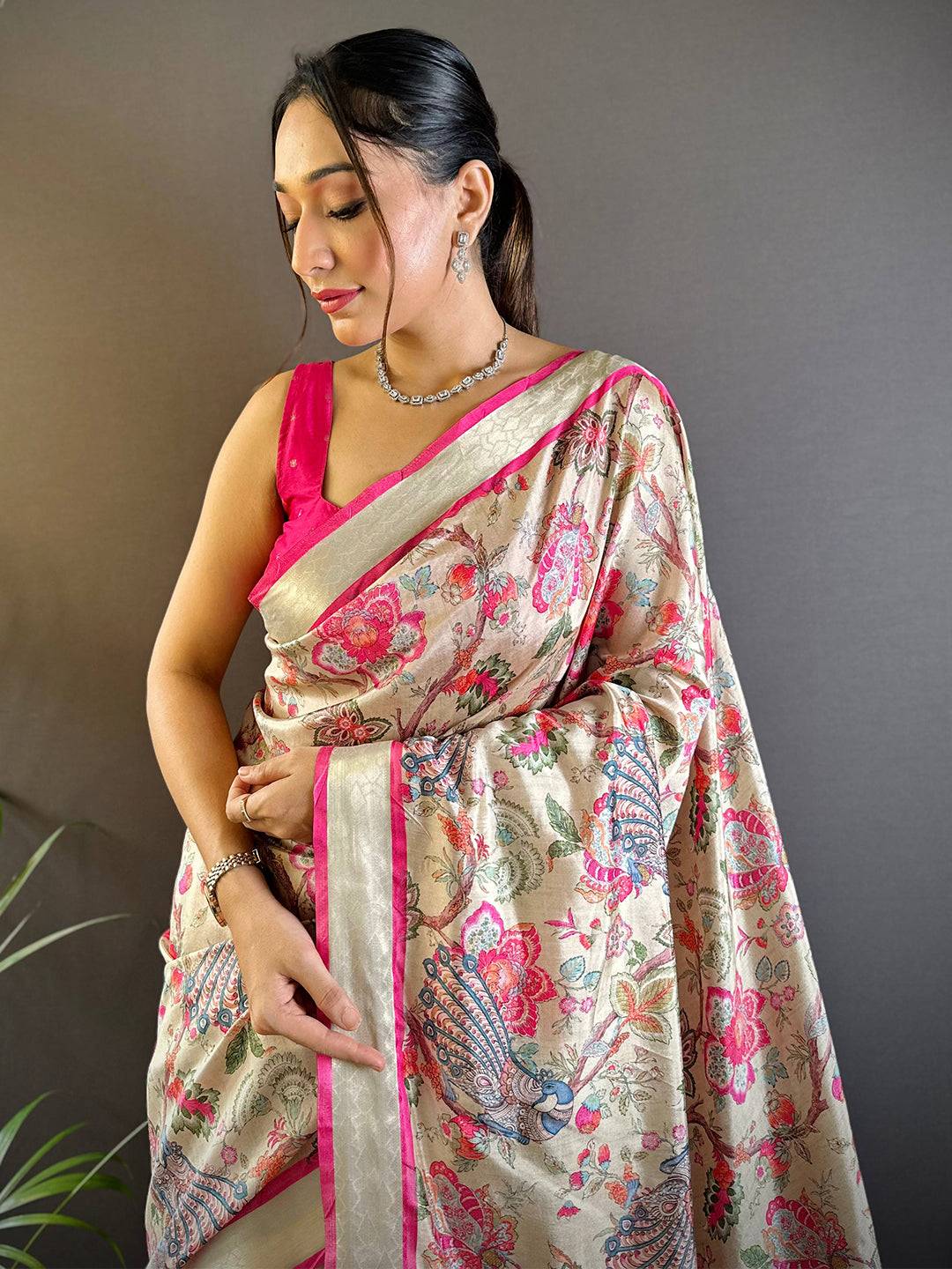 Serene Beige Phulkari Silk Saree