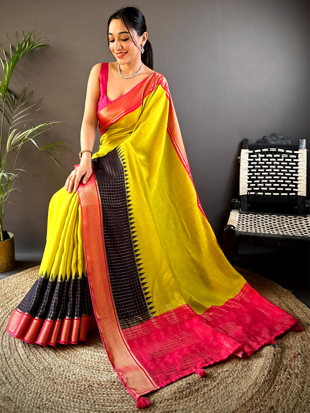 Lemon Yellow Zari Pallu Cotton Viscose Saree