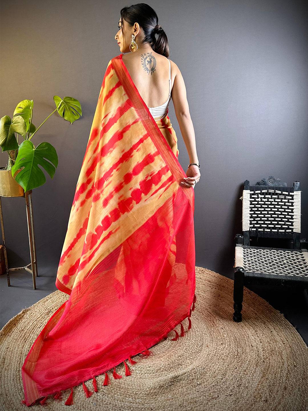 Marigold Shibori Print Linen Saree