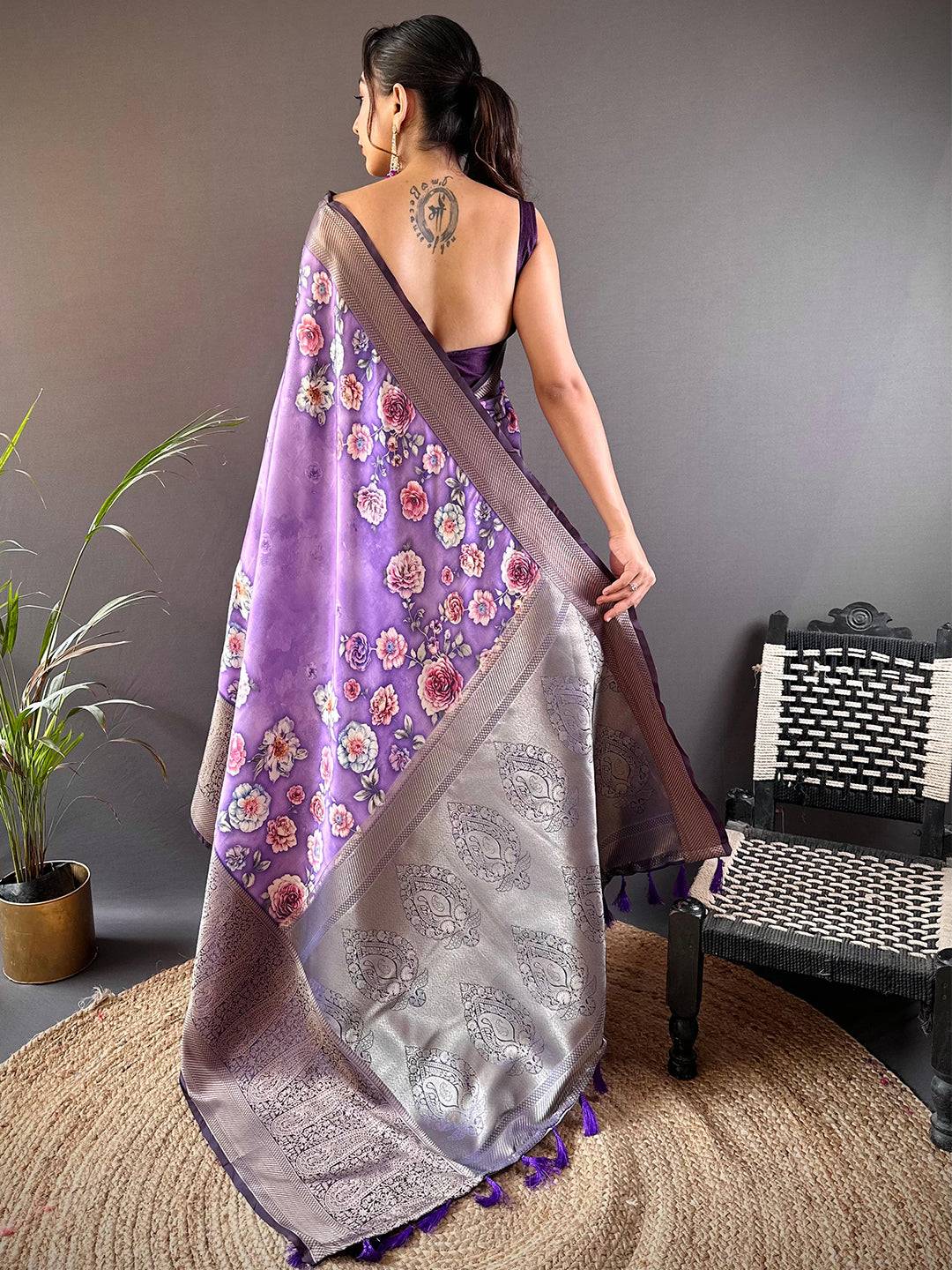 Iris Purple Satin Silk Floral Print Saree