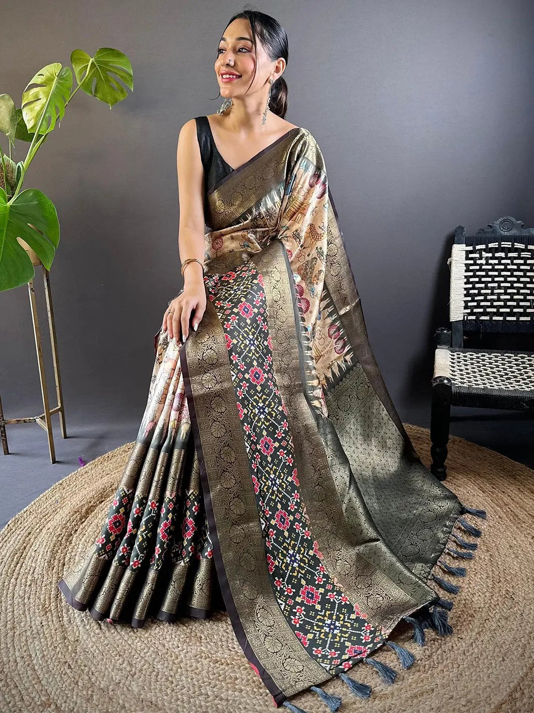 Beige Ikkat Kalamkari Saree