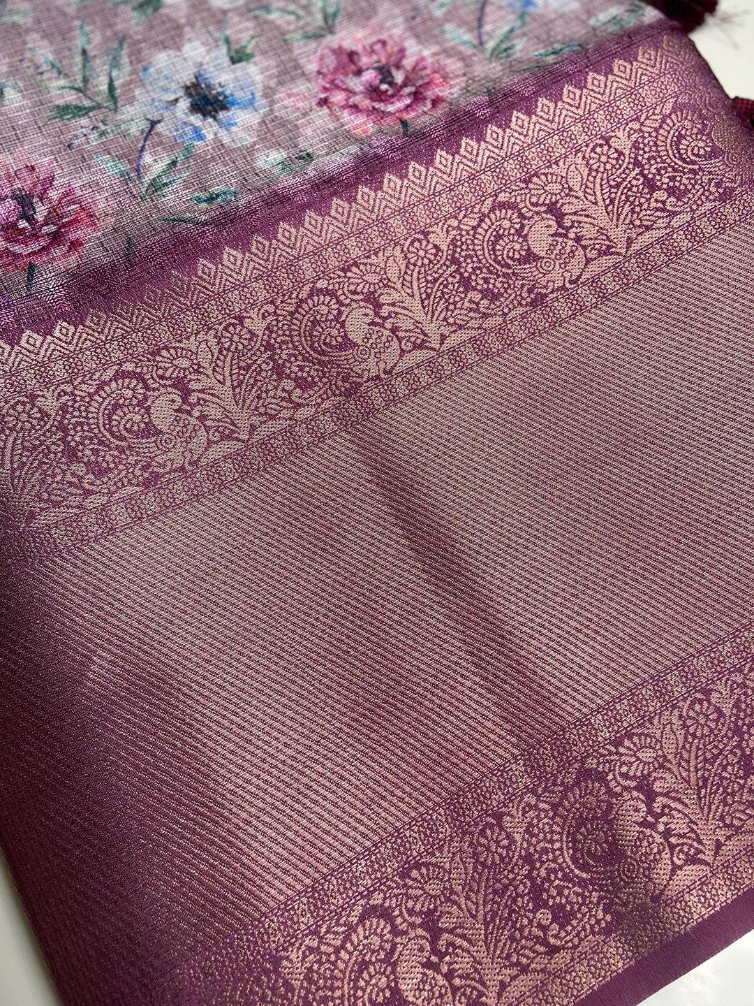 Close-up of Kanjivaram gold zari border on floral print saree