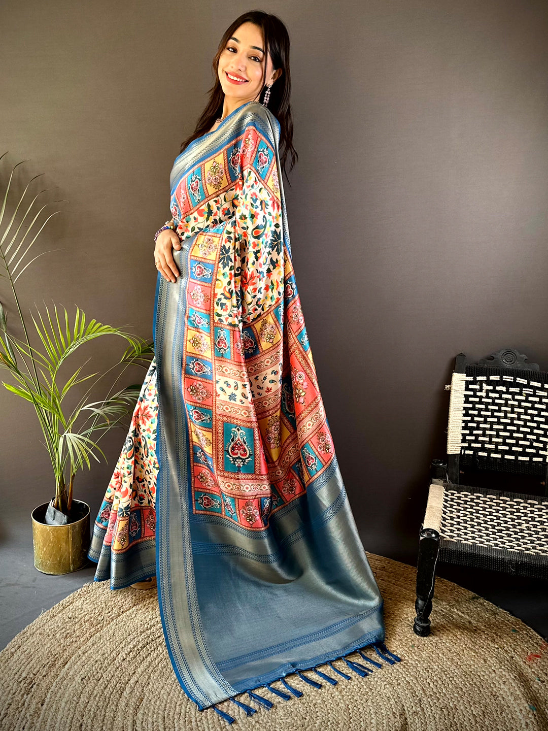 Blue Mughal Kalamkari Print Pashmina Saree