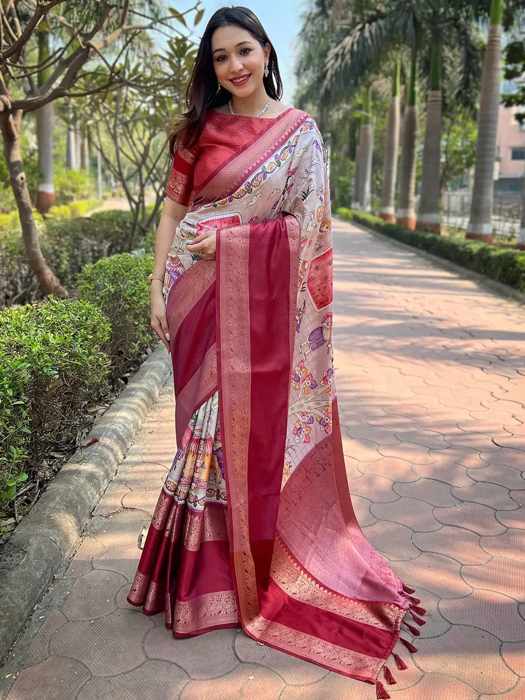 Wine Colour Double Border Chex Weaving Banarasi Silk Saree