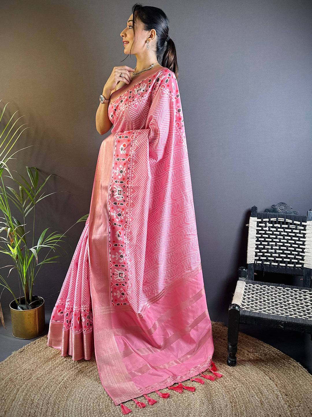 Rose Pink Zig Zag Kalamkari Kanchi Silk Saree