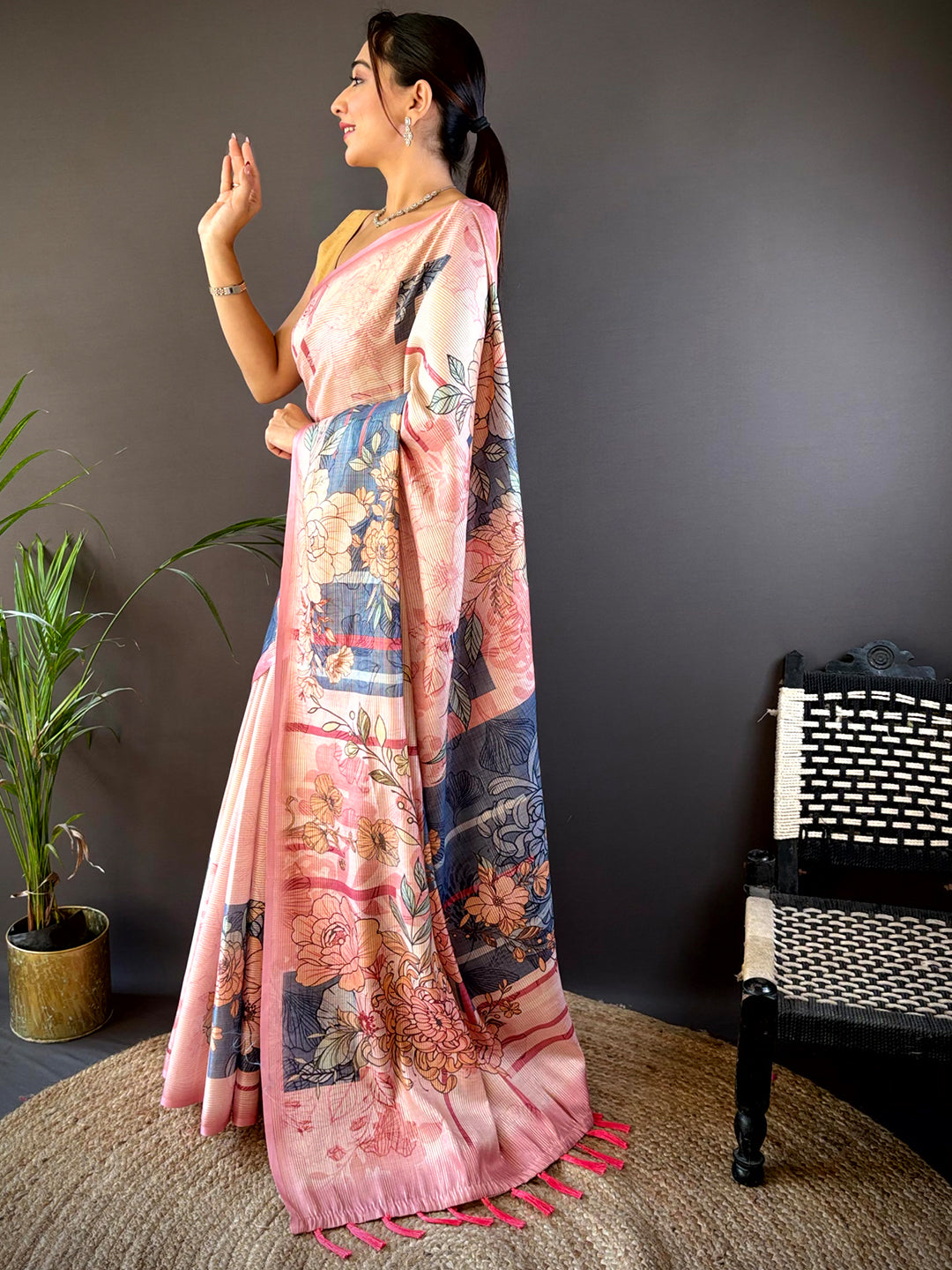 Rose Pink Tussar Floral Saree