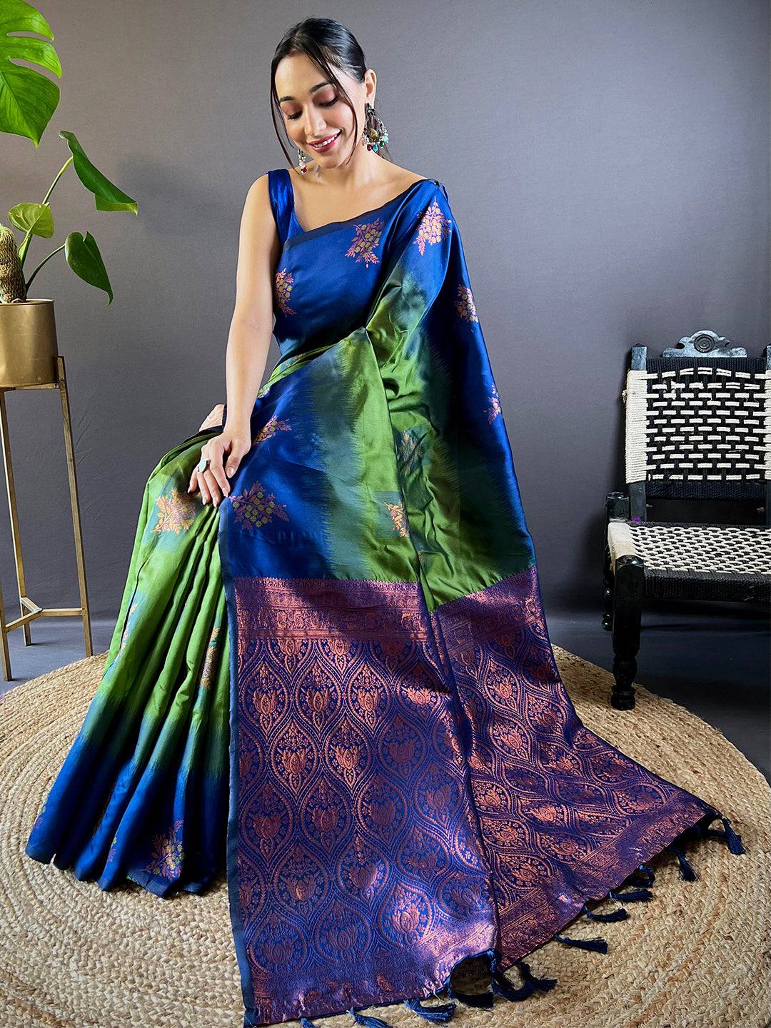 Seated model in Forest Green Sami Banarasi Tussar Silk Saree