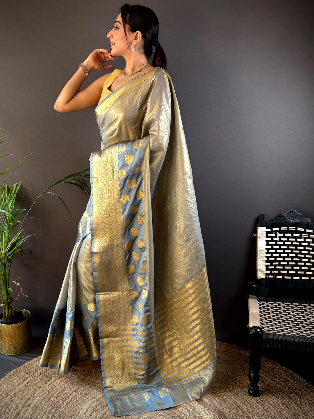 Gold Tissue Saree With Jacquard Woven Work