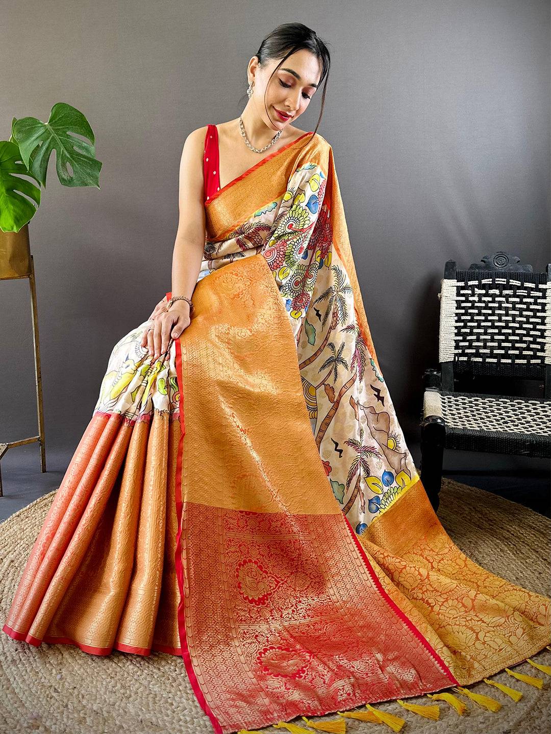 Cream Kanchi Kalamkari Elegance Saree