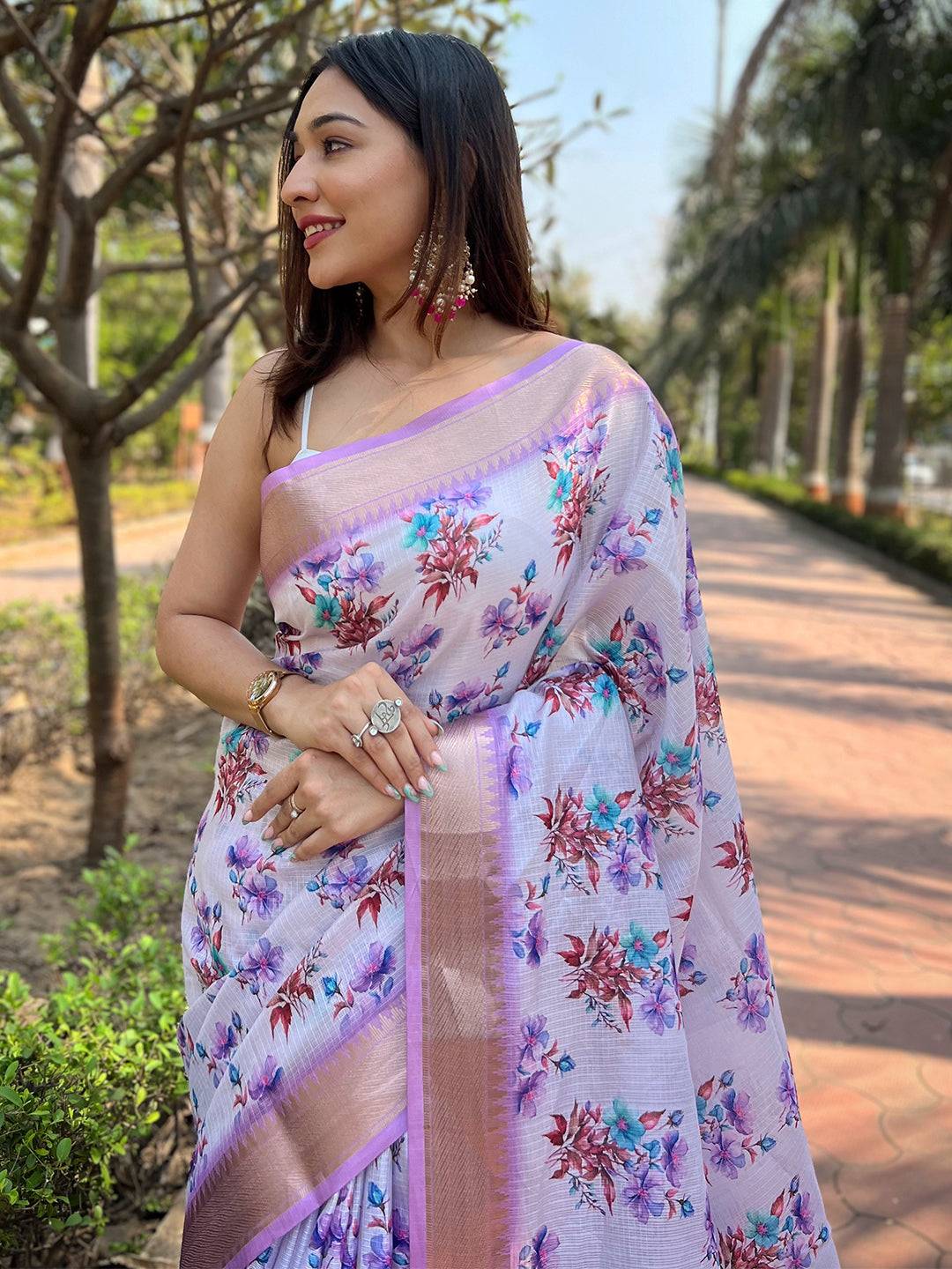 Light Purple Kota With Digital Floral Printed Saree 