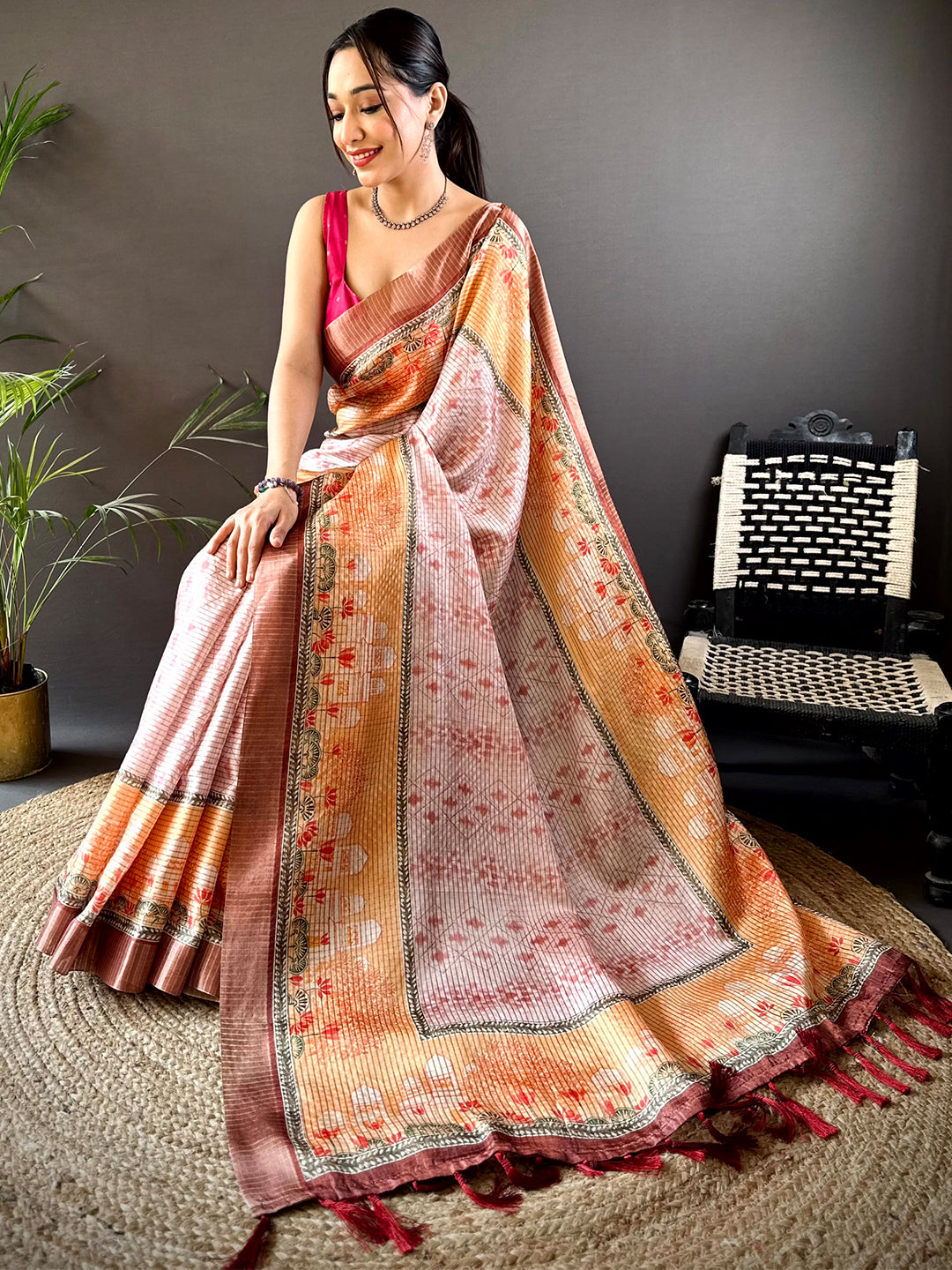 Graceful Beige Soft Silk Chex Saree