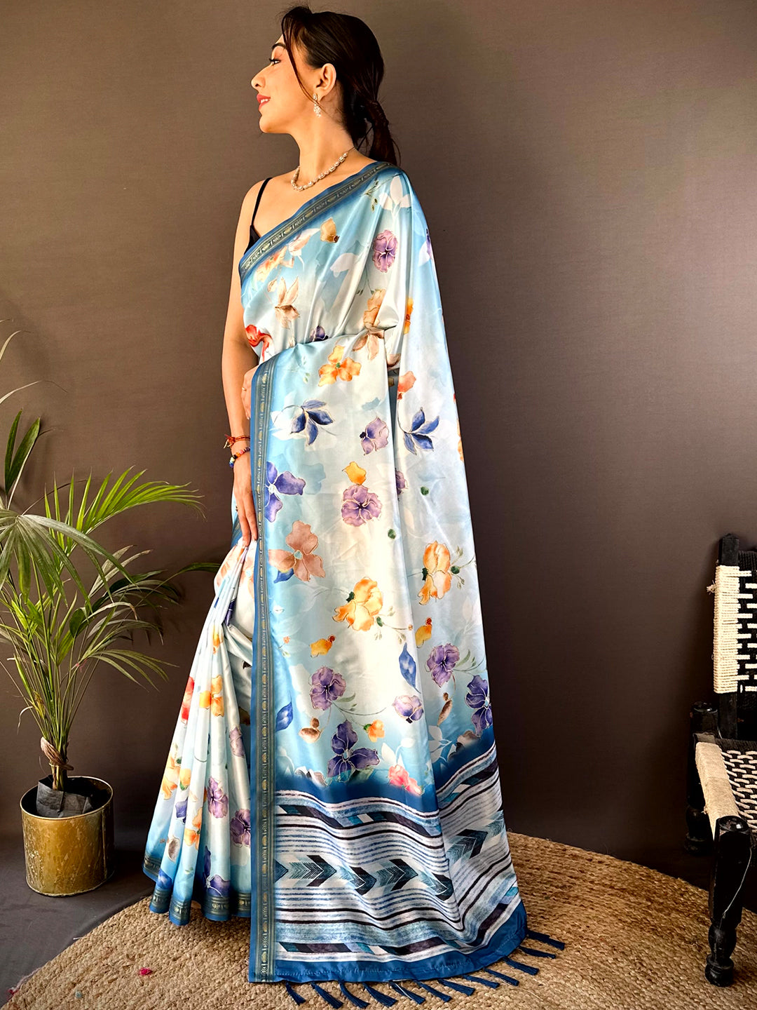 Aqua Floral Digital Print Silk Saree