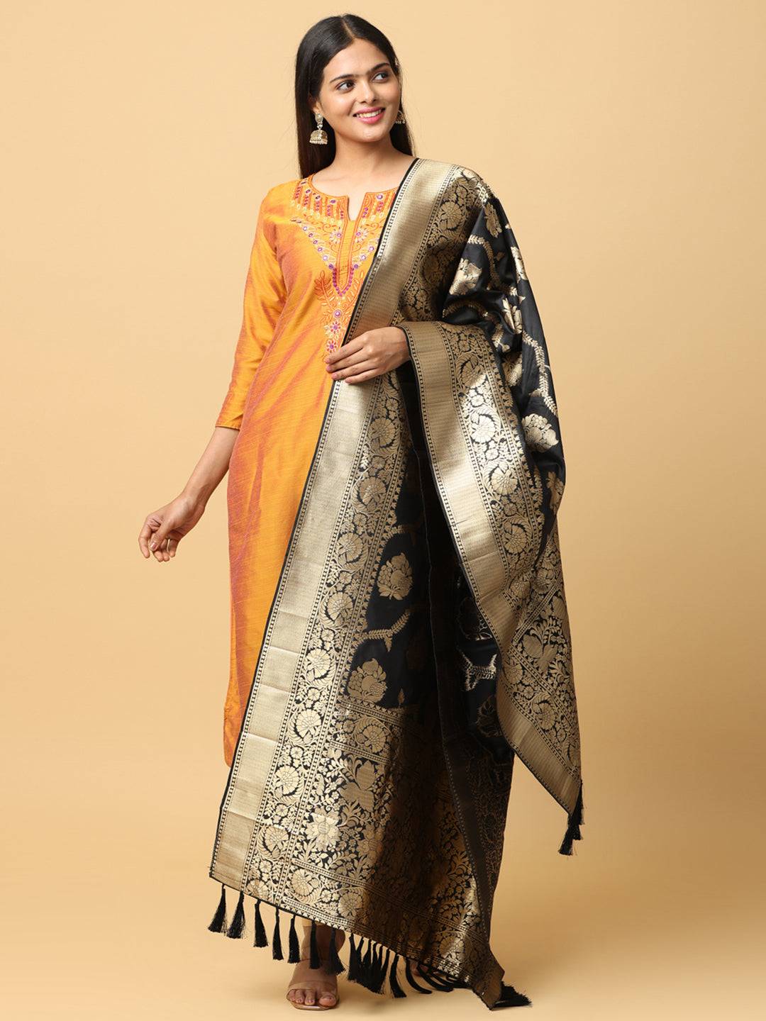 Opulent black silk blend dupatta featuring detailed woven design.