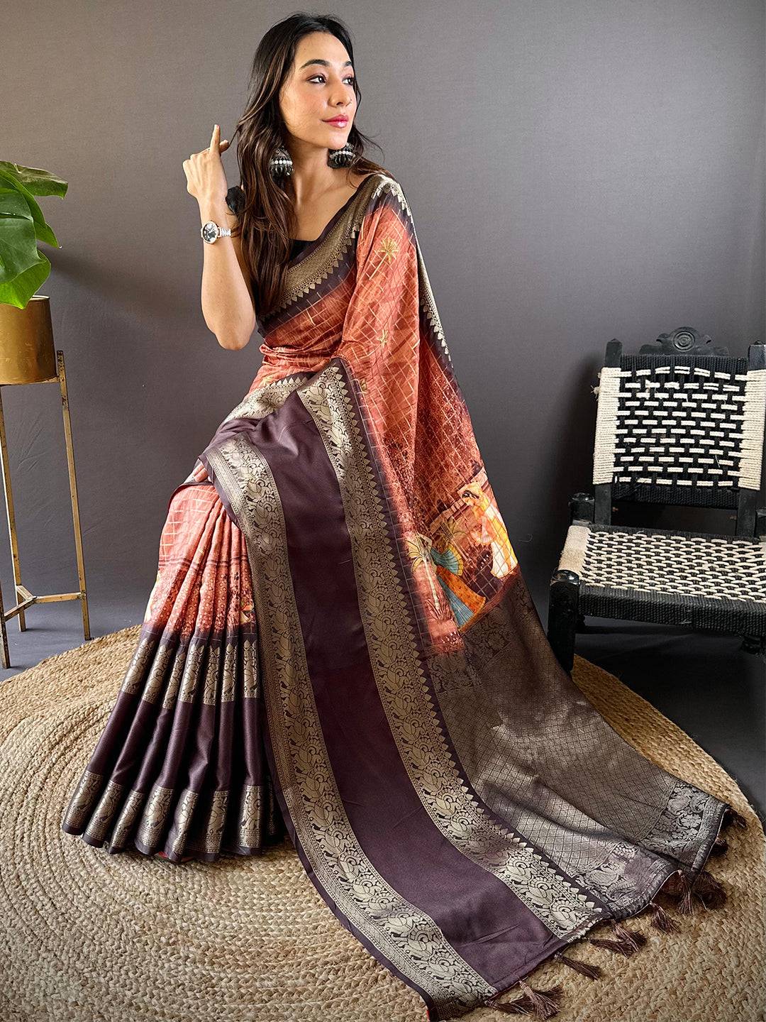 Rust Banarasi Pichwai Print Saree